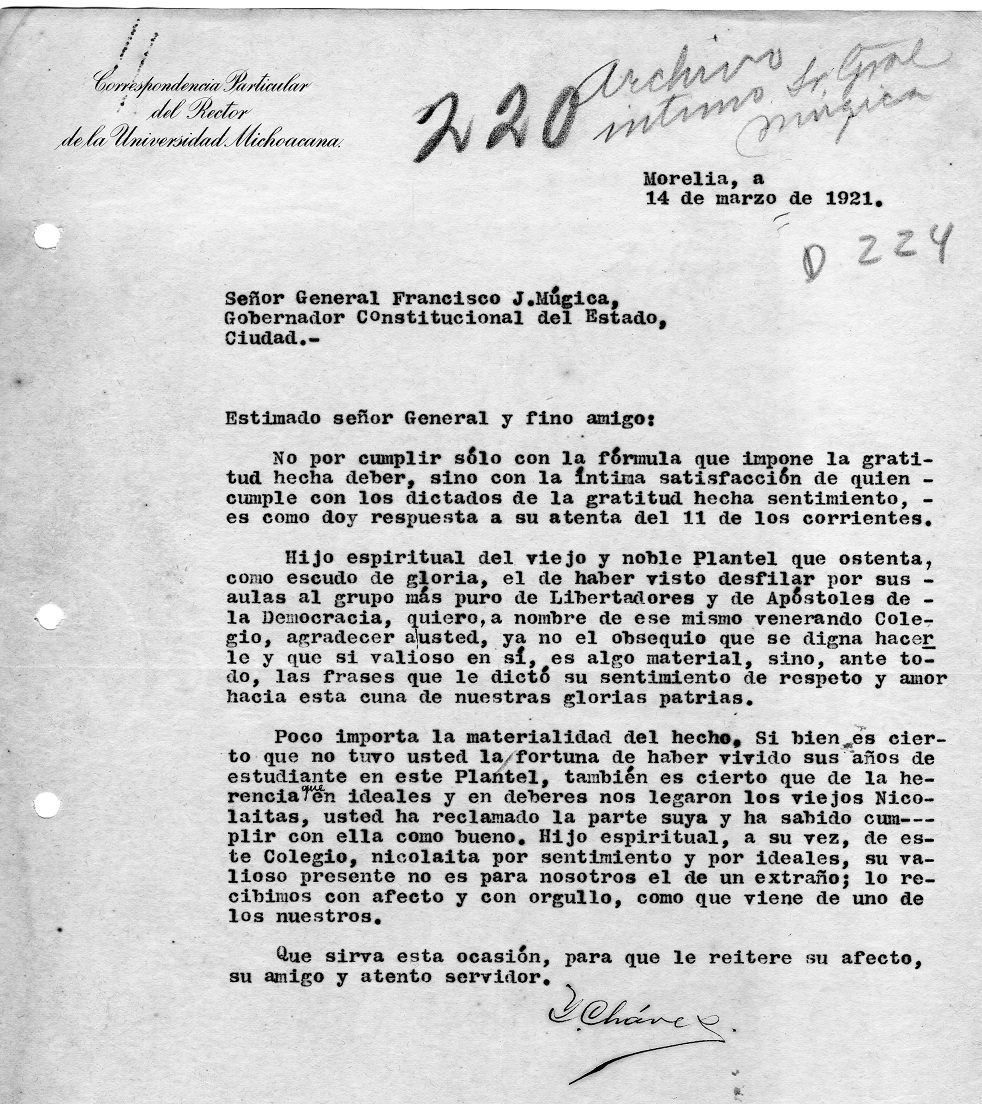 Carta de Ignacio Chávez a Francisco J. Múgica, 14 de marzo de 1921. El rector reconoce las convicciones y la actitud de Múgica hacia la educación universitaria en el estado