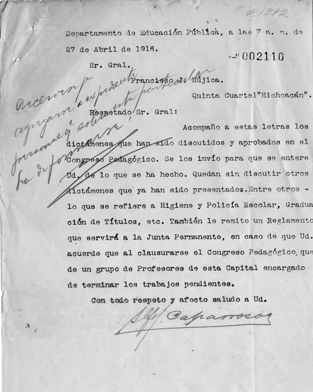 Carta de Alfonso Caparroso a Múgica el 27 de abril de 1916 relacionada con el Congreso Pedagógico en Tabasco