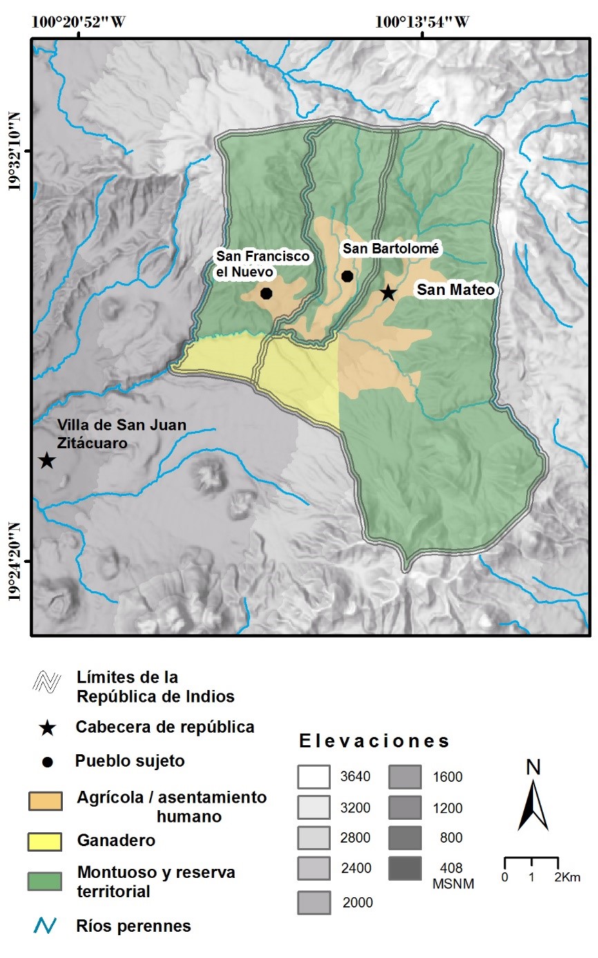 Mapa del uso del suelo en la rep&uacute;blica de indios de San Mateo en la primera mitad del siglo XVIII