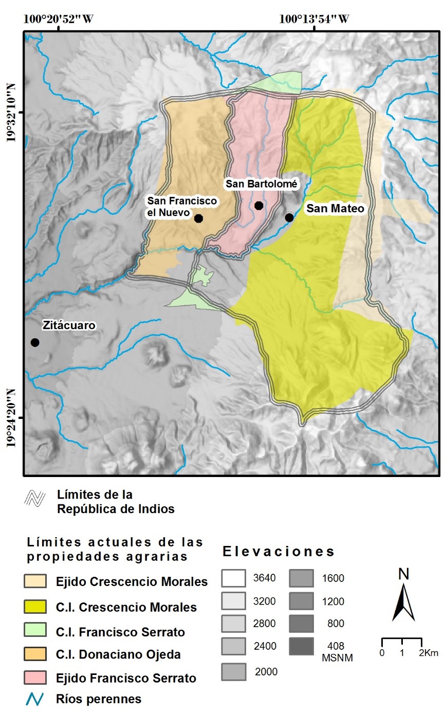 Mapa de la reconstrucci&oacute;n geogr&aacute;fica de la composici&oacute;n de tierras de la rep&uacute;blica de indios de San Mateo