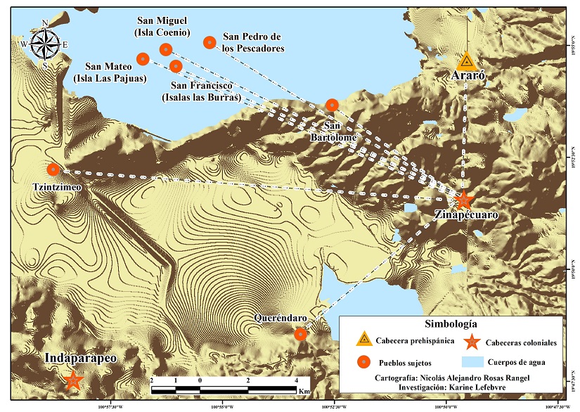 Representación de los vínculos cabecerapueblos sujetos de la región de AraróZinapécuaro durante el siglo XVI