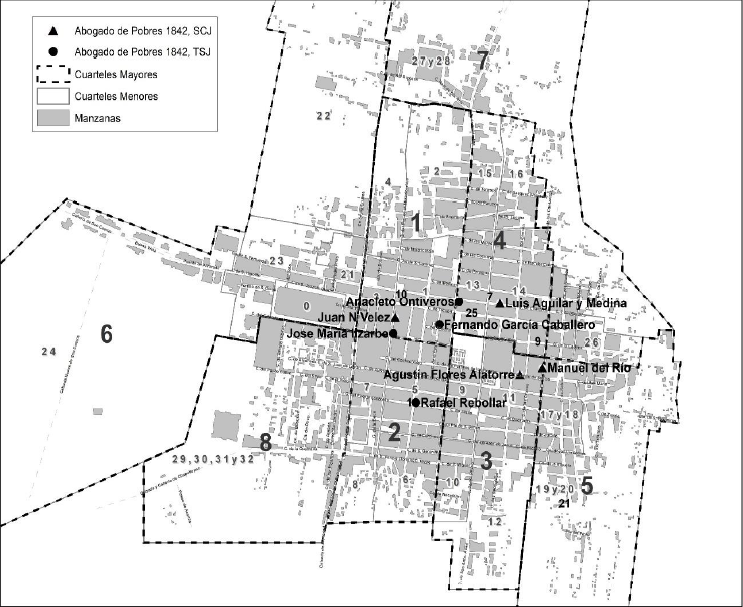 Ubicaci�n de los abogados de pobres adscritos a la Suprema Corte de Justicia y Tribunal Superior de Justicia, 1842