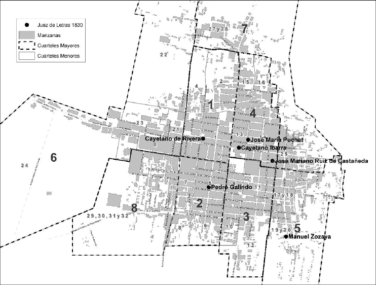 Ubicaci�n y distribuci�n de los jueces de letras en los cuarteles mayores de la Ciudad de M�xico, 1830