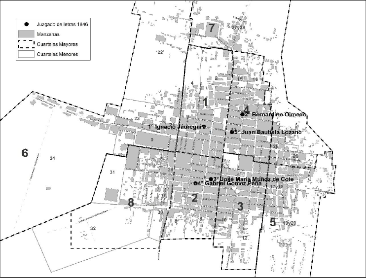  Ubicaci�n y distribuci�n de los jueces de letras en los cuarteles mayores de la Ciudad de M�xico, 1846