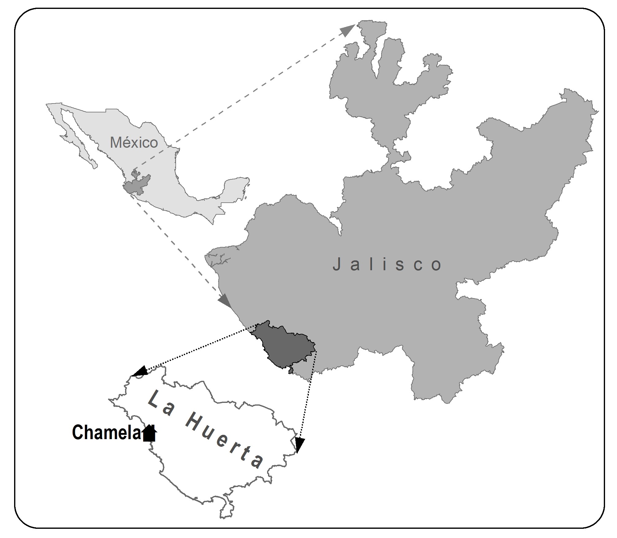 Ubicaci&oacute;n geogr&aacute;fica de la localidad de Chamela, municipio de La Huerta, Jalisco, M&eacute;xico Elaborado por &Oacute;scar Balc&aacute;zar Medina y Juan Manuel Rodr&iacute;guez G&oacute;mez, DERN, CU Costa sur, Universidad de Guadalajara