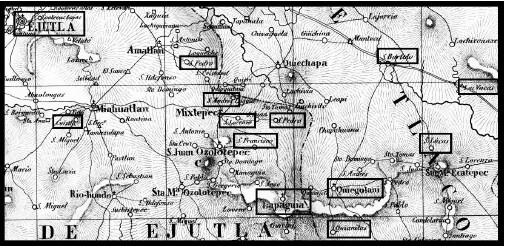Área de Ejutla, Cuixtla, San Pedro (Amatlan), San Andrés (Mixtepec), San Lorenzo (Mixtepec), San pedro (Mixtepec), San Francisco (Ozolotepec), San Bartolo Yautepec, Las Vacas (Santa María Ecatepec), San Lucas (Ixcotepec), Quiegolani, Lapaguía y Quianitas