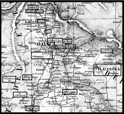 Área de Huitzo, Tenexpa, Santiago Suchilquitongo, Santos Reyes Etla, San Lázaro (Etla), San Felipe del Agua, Huayapam, Santa Lucía del Camino, Tlalixtac, Cuilapam, (Santiago) Clavellinas, Santa Inés (Yatzache), San Bernardo (Mixtepec), Tlapacoya, Ocotlán, Tlacolula y Santa Ana del Valle