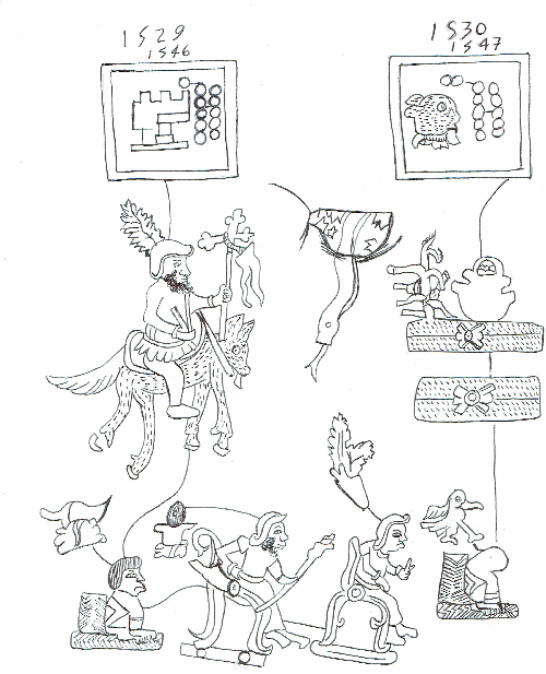Códice Telleriano-Remensis, lámina 44r Dibujo: Loren Guadalupe Hernández Martínez (estudiante de la Universidad del Mar-Huatulco).