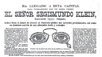 Apartado publicitario periodístico que difundía la presencia de un óptico de origen alemán que ofrecía sus servicios por breve temporada en el Hotel Guardiola uno de los hoteles de prestigio de la Ciudad de México
