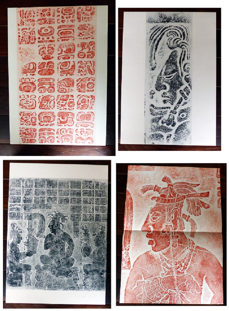 Arriba-izquierda: Escritura Sagrada en Yaxchilán. Arriba-derecha: Perfil de hombre maya en Bonampak. Abajo-izquierda: Sacerdote sentado sobre los esclavos en Palenque. Abajo-derecha: detalle de la figura izquierda