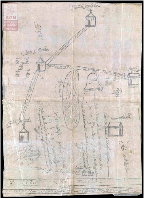 Mapa de solicitud de merced de Baltasar Dorantes de Carranza en los alrededores de Xiquipilco