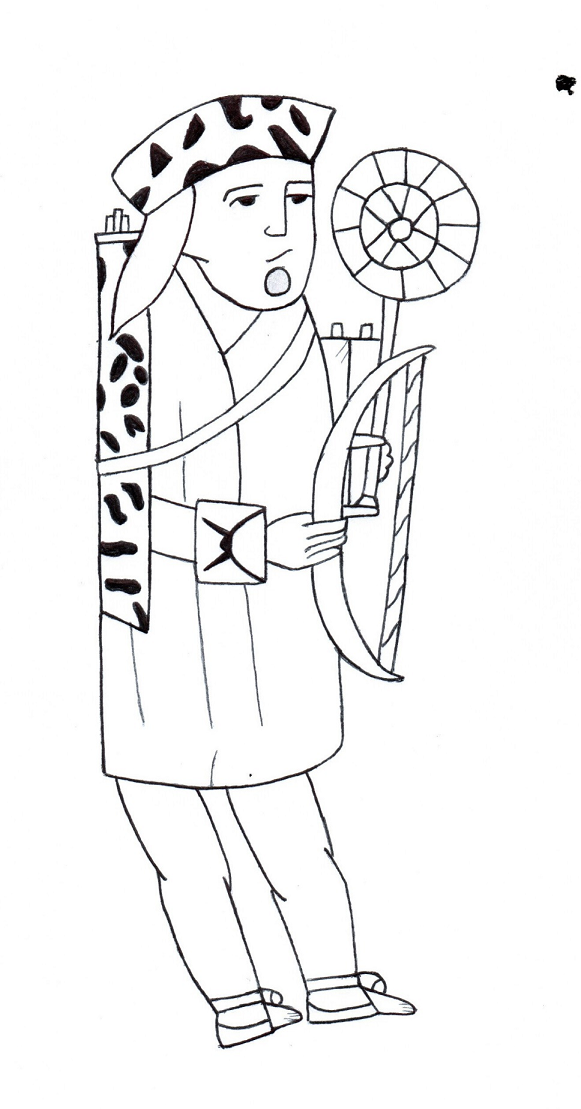 El cazonci electo porta los distintivos de su rango la guirnalda de piel de jaguar un carcaj de piel del mismo felino un arco y dos flechas