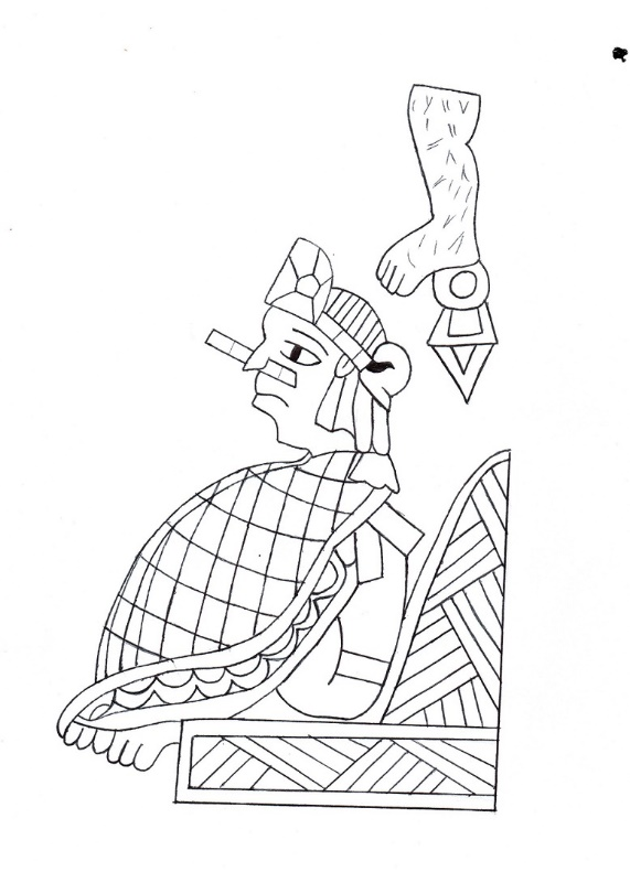 El tlatoani Tízoc con atavíos de mosaico de turquesa: el xiuhuitzolli en la cabeza, la yacaxihuitl en la nariz y la xiuhtilmatli cubre su cuerpo