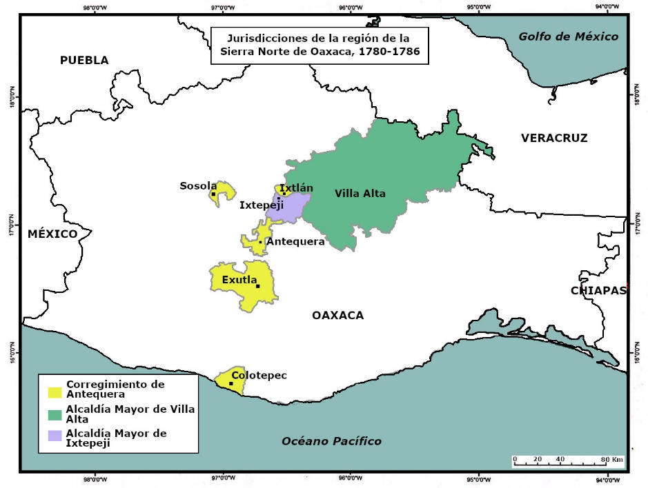 Mapa de las jurisdicciones de la regi�n Sierra Norte de Oaxaca, 1780-1786