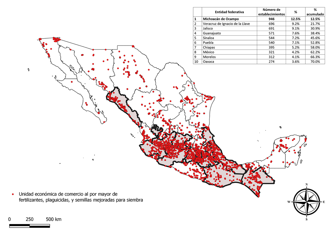 Distribuci�n de las unidades econ�micas dedicadas al comercio al por mayor de fertilizantes, plaguicidas y semillas mejoradas para siembra