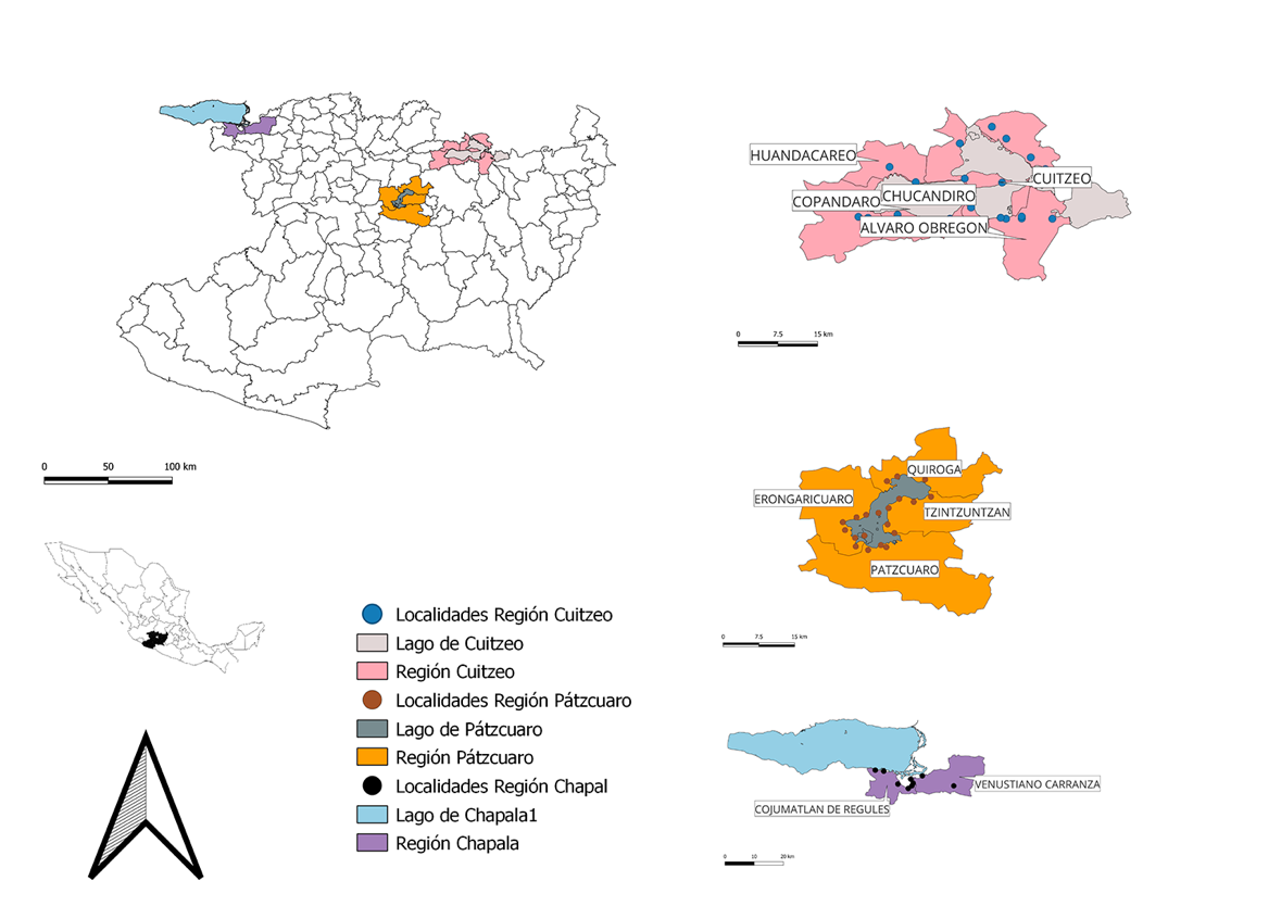 Distribuci�n de la muestra en tres regiones lacustres de Michoac�n