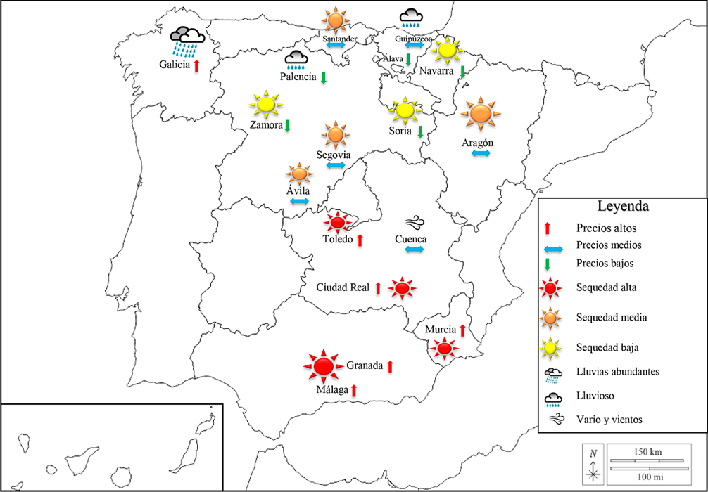 Distribución y tendencia de los precios del temporal de junio de 1824 en España
