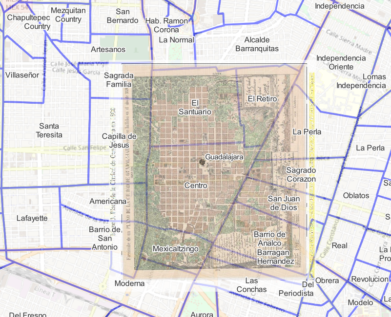 Colonias actuales de la Zona Centro de Guadalajara contrastando el Plano de 1800
