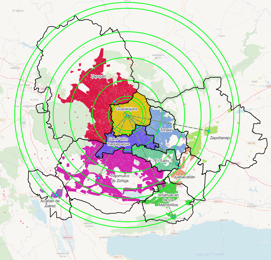 Círculos concéntricos a partir de la Catedral de Guadalajara