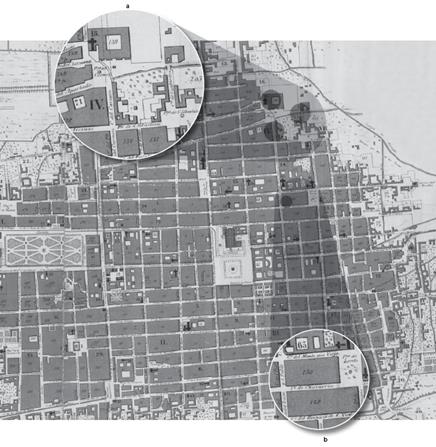 Plano general de la ciudad de México, 1861, Mapoteca "Manuel Orozco y Berra". (a) Calle del Carmen, Convento del Carmen y puente de calle de agua. (b) Calle de Chavarría.