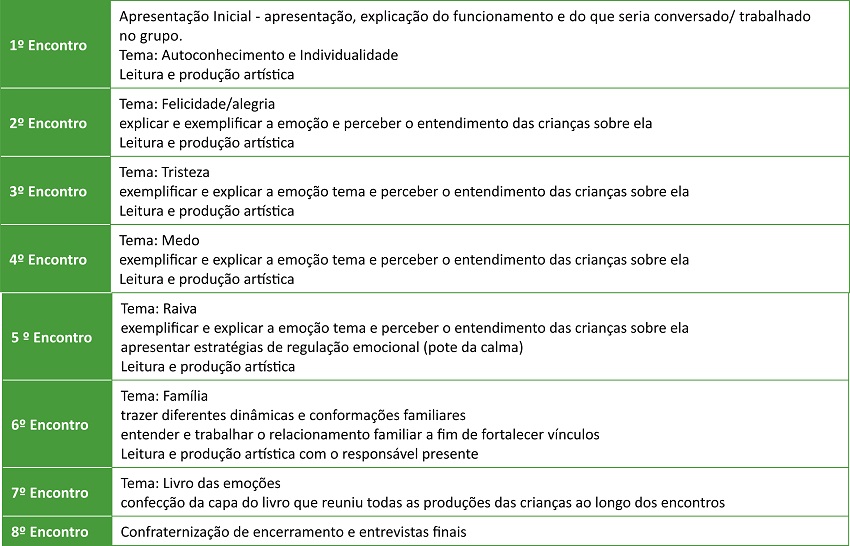 Planejamento dos encontros com seus temas trabalhados a cada encontro: