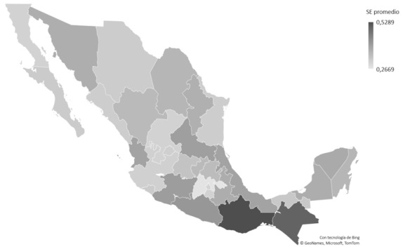 Magnitud promedio de la segregación escolar por nivel socioeconómico en las entidades federativas de México. ISG