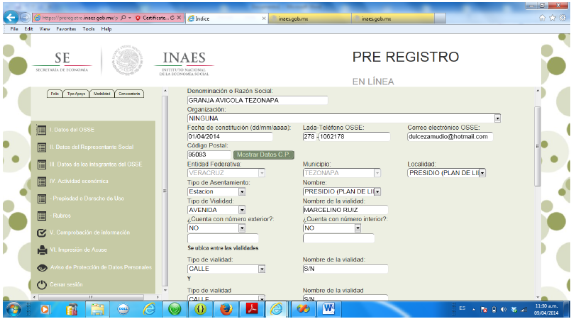 Pre registro en línea
del proyecto