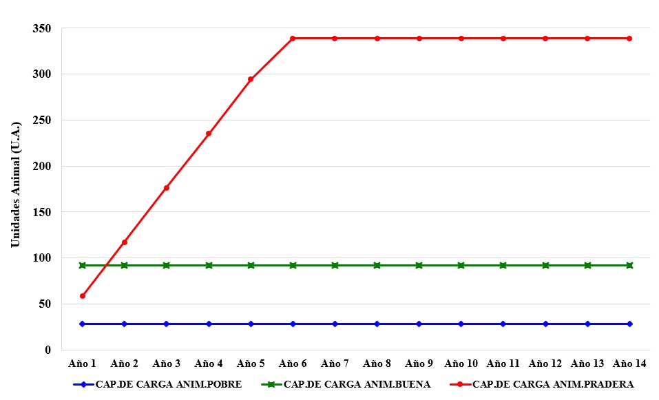 Proyección en la capacidad de carga durante 14 años en un rancho de 1,000
ha con Pastizal Mediano Abierto en condición pobre, de un Pastizal Mediano
Abierto en condición buena y un Pastizal Mediano Abierto en condición pobre con
la siembra anual de 200 ha de zacate buffel.