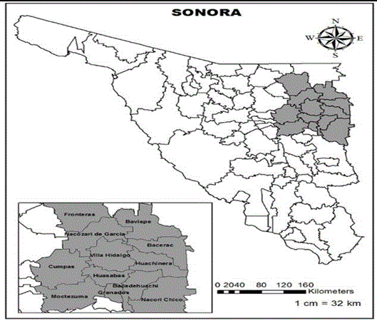 Mapa de Sonora resaltando la Sierra Alta.
