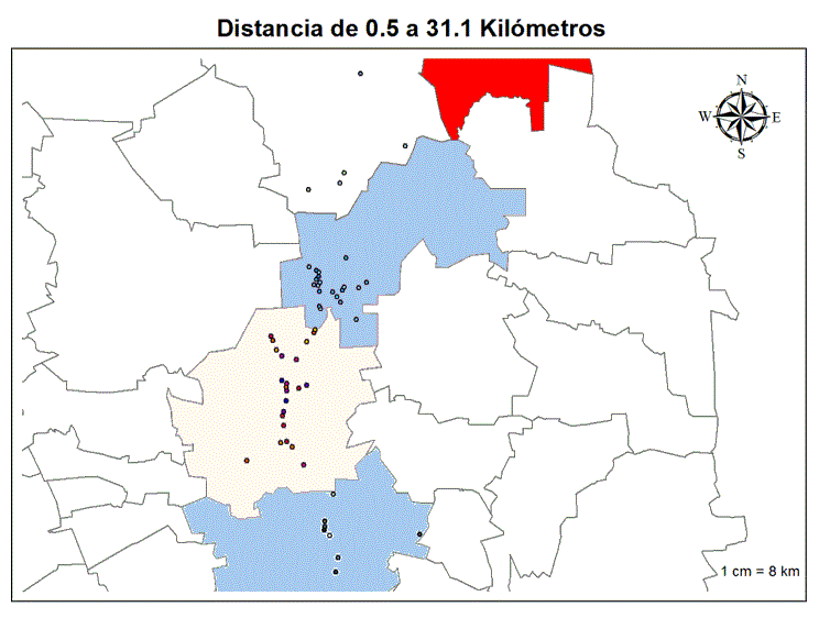Mapa de distancia de 0.5 a 31.1 kil�metros.