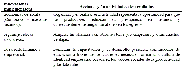 Innovaciones en el eslab�n de organizaci�n implementadas y acciones o actividades para su �xito