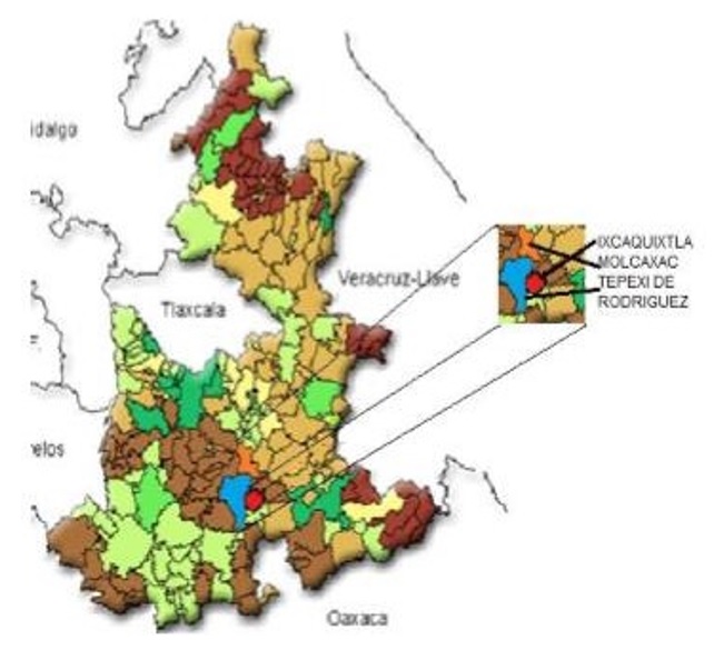 Localizaci&oacute;n del &aacute;rea de estudio. Molcaxac, Tepexi de Rodr&iacute;guez e Ixcaquixtla, son municipios contiguos de la Mixteca Poblana.