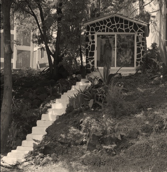 Altar callejero en la rinconada de la Flora en Villa Panamericana, colonia Pedregal de Carrasco, Delegación Coyoacán en la Ciudad de México. Nótese la escalera que asciende hacia el citado altar en donde se encuentra la Virgen de Guadalupe. 