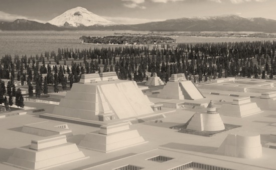 Re-construcción hipotética de Tenochtitlan. Nótese que los enormes montículos, concepto prehispánico que evolucionó desde los olmecas, representa un altar elevado que está a la vista de todos y que mira a todos lados. La Catedral de luz y la antigua Tenochtitlan tienen un concepto espacial muy similar.