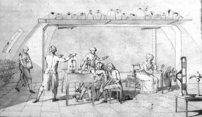 Experimentos sobre respiración humana. Dibujo de Madame Lavoisier, en donde se representa así misma tomando notas en una mesa aledaña al experimento.
