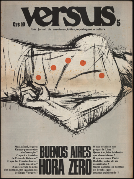 Versus, 5. Capa de Carlos Cl&eacute;men. Sob um corpo cravado de balas, o t&iacute;tulo &ldquo;Buenos Aires, hora zero&rdquo;, ladeado de perguntas, anuncia parte do conte&uacute;do da revista.