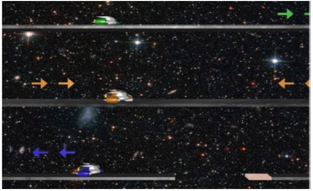 Captura de pantalla de nivel del juego donde se muestran las tres naves que representan tres jugadores diferentes