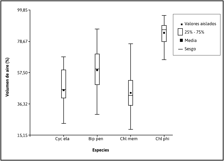 Gr�fico de caja (box-plot) para el volumen de aire de las semillas de 4 orqu�deas terrestres. Cyc ela: Cyclopogon elatus; Bip pen: Bipinnula pennicillata; Chl mem: Chloraea membranacea y Chl phi: Chloraea philippii