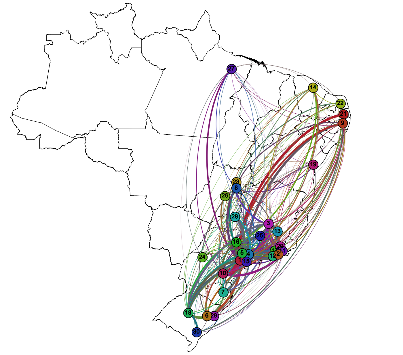 Mapa de colabora&ccedil;&atilde;o interinstitui&ccedil;&otilde;es de todo o pa&iacute;s.