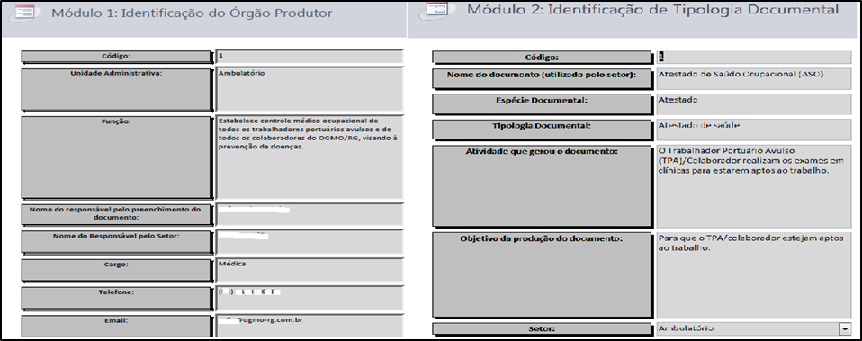 Extrato da tela do banco de dados mostrando os Módulos de inserção e dados