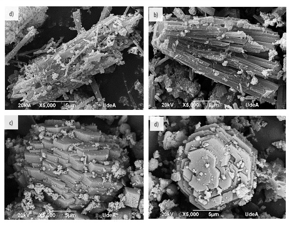 SEM: A)-B) AlPO-5; C)-D) SAPO-5.