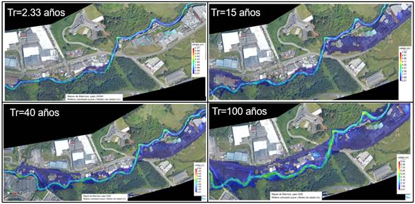 Mapas de mrgenes de inundacin para los diferentes Tr sobre Tramo-3 de la cuenca