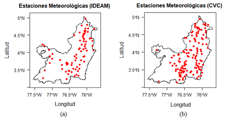 Estaciones meteorolgicas por parte del IDEAM. (b). Estaciones meteorolgicas por parte de la CVC.