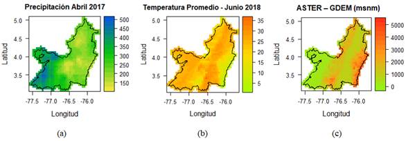 (a). Precipitacin acumulada mensual desde CHIRPS (mm/mes). (b). Temperatura promedio mensual desde MODIS LTS (C/mes). (c). Modelo digital de elevaciones desde ASTER (msnm).