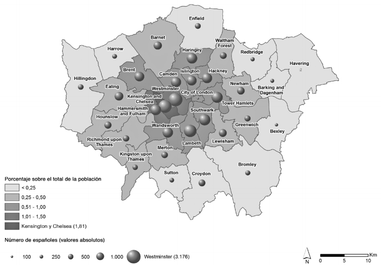 Distribuci&oacute;n de personas espa&ntilde;olas en Londres a partir del censo de 2011  