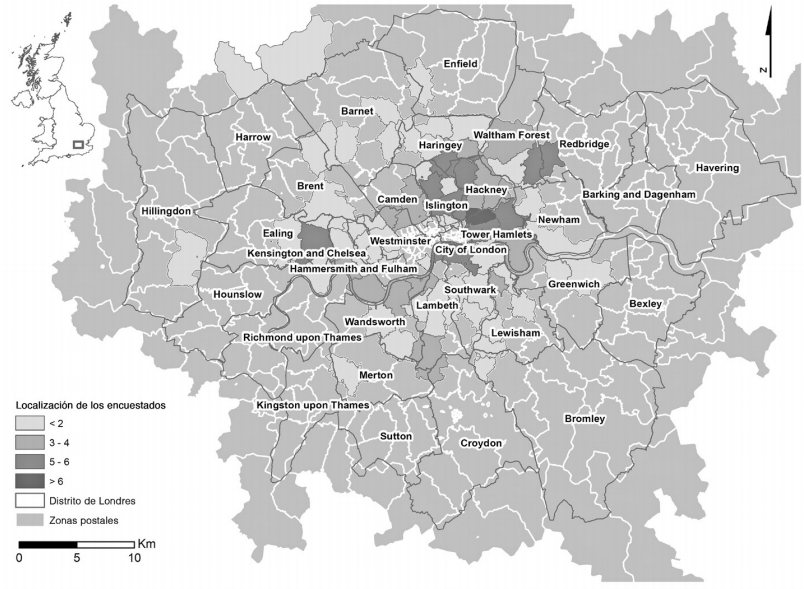 Distritos de la ciudad de Londres con mayor presencia de j&oacute;venes catalanes  
