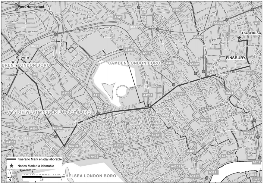 Desplazamiento hecho por Mark durante un d&iacute;a laborable  