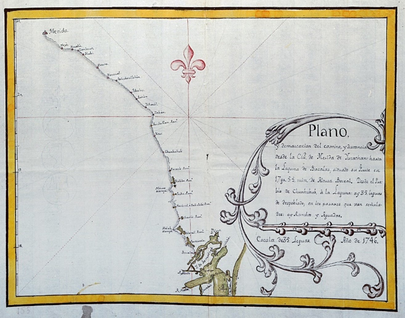 PLANO Y DEMARCACIN DEL CAMINO Y DISTANCIA DESDE LA CIUDAD DE MRIDA DE YUCATN HASTA LA LAGUNA DE BACALAR