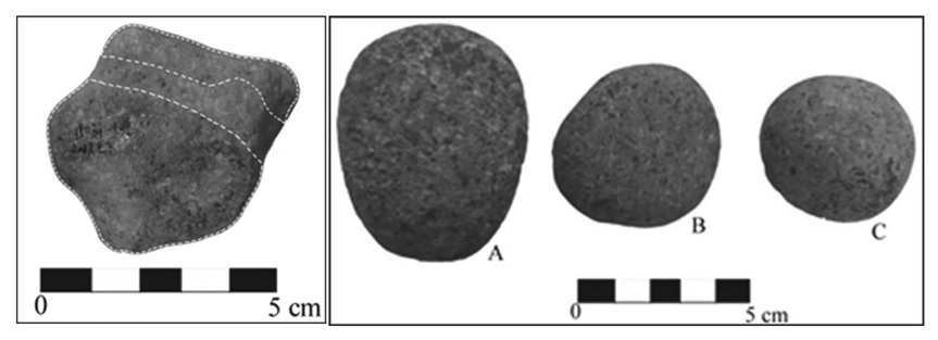 EVIDENCIA L&Iacute;TICA HALLADA EN LA TRINCHERA 18, ASOCIADA A UNA PESA (IZQUIERDA) 
			Y PULIDORES (DERECHA)