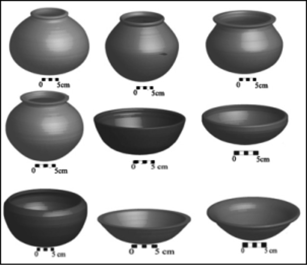 MUESTRA DE LAS RECONSTRUCCI&Oacute;N DE LA VAJILLA REGISTRADA EN LAS EXCAVACIONES ASOCIADAS A P-01 (ESTAS REMITEN A LOS MODOS R26, R51, R28, R52, R13, R29, R30, R41, R36 [DE DERECHA A IZQUIERDA]) DE LA OBRA DE MICHAEL SNARSKIS